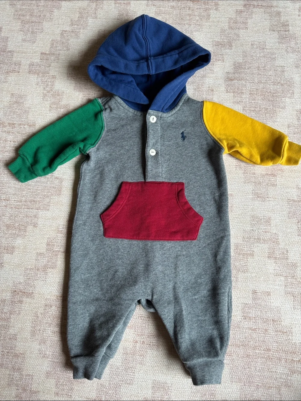 Ralph Lauren Gray Baby 1 Piece Romper with Primary Color Sleeves & Hood size 3M